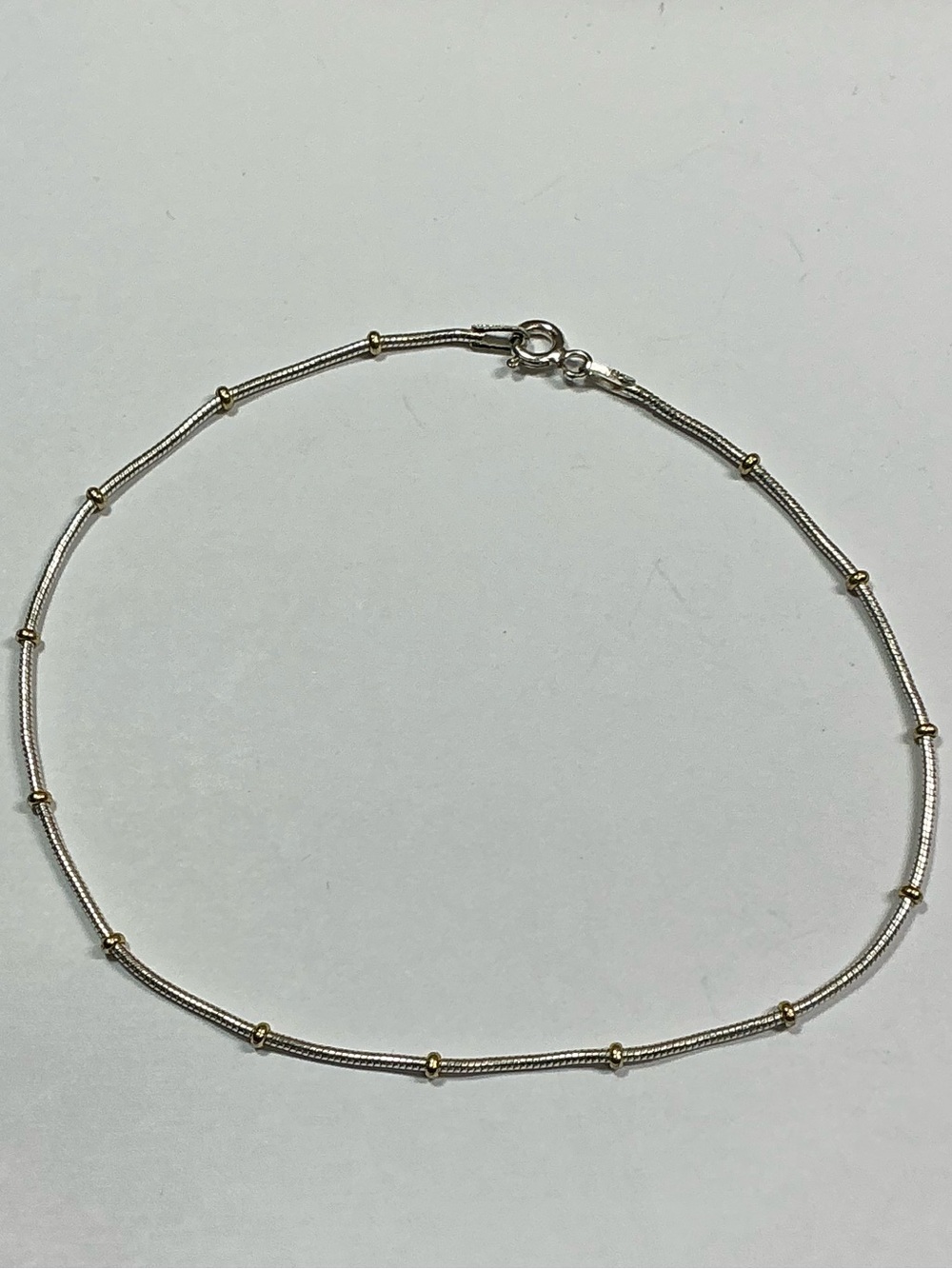 Sterling Silver Snake Chain Anklet W / Stationed Gold Tone Beads. 9” long